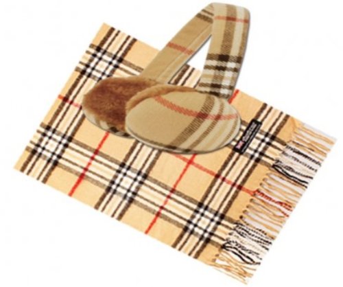 Winter Warm Tan Plaid Scarf & Earmuff Set