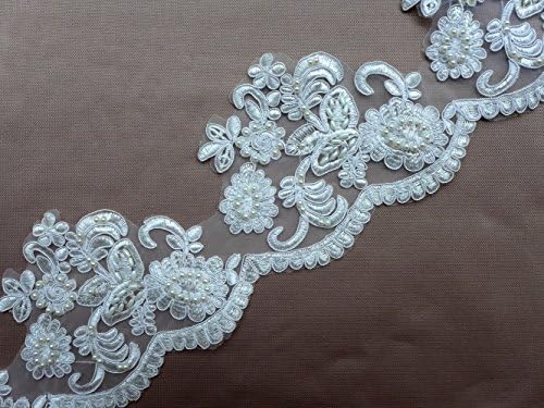 2 Yards 4-3/4 inches(12cm) Beads Heavy Embroidery Off-white Lace Trim Gorgeous Lace Trim for Fabric Millinery Accent Motif Dress Decoration Bridal Trim