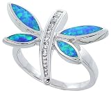 14K White Gold Rhodium Plated Sterling Silver Wedding & Engagement Ring Sterling Silver, Synthetic Opal Inlay Dragonfly Ring, w/ Brilliant Cut CZ stone Accents For Women 18MM ( Size 6 to 9)