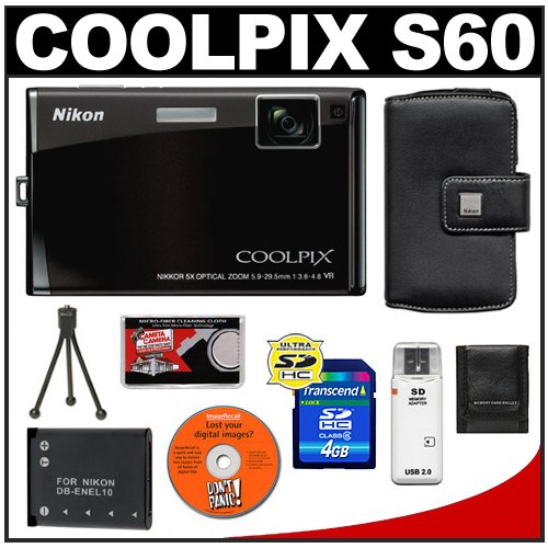 Nikon Coolpix S60 10 Megapixel Digital Camera (Espresso Black) with 5x Optical Zoom + EN-EL10 Battery + 4GB Card + Leather Case + Accessory Kit