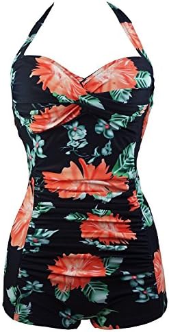 Cocoship Elegant Floral Retro Inspired Boy-Leg One Piece Ruched Maillot Swimsuit(FBA) Black(Fast Ship) 6