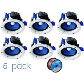 Yamaha Custom Easy-to-install In-Ceiling Full Range Open Back 90 watts Mini Speaker Set of 6 with a 4" Double-Layered Cone Woofer + 100 feet of 16 Gauge Speaker Wire