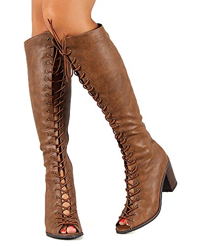 Breckelles BE99 Leatherette Women Peep Toe Lace Up Chunky Heel Knee High Boot - Tan