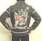 Tattoo Art Studded Joker Skull Winged Heart Black Cotton Vintage Look Rocker Jacket, Tattoo Design Cotton Jacket with Fleece inside, Badass Rocker Jacket