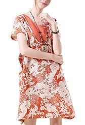 Plus Size Cotton/Linen Summer Scoop Neck Floral Print Short Sleeves  Dress