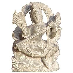 Hindu Goddess Saraswati Stone Carving 1.75 x 0.75 x 2.75 inches (sos218)