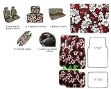 A Set of 15-piece Red Hawaiian Floral Aloha Print with Hibiscus Flowers Auto Interior Gift Set - 2 Hawaii Aloha Low Back Front Bucket Seat Covers, 2 Hawaii Aloha Separate Headrest Covers, 2-piece Hawaii Aloha Bench Covers, 1 Hawaii Aloha Steering Wheel Cover, 2 Hawaii Aloha Shoulder Pads and 4 Hawaii Aloha Carpet Floor Mats for Cars / Truck