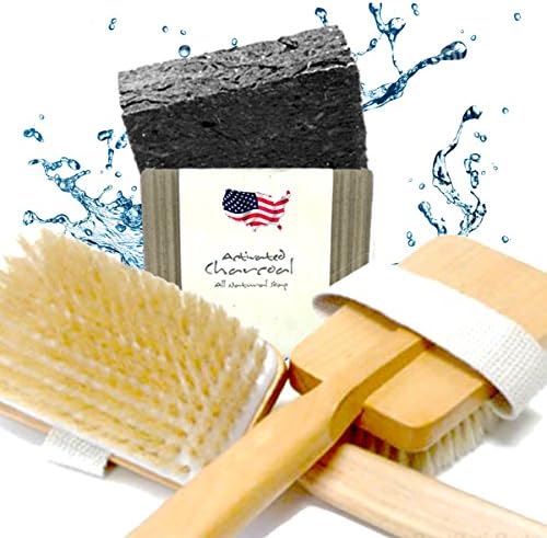 Long Handle Detachable Natural Bristle Dry Brush Set and All Natural Activated Charcoal Soap. Free Detox Book E-mailed to You.