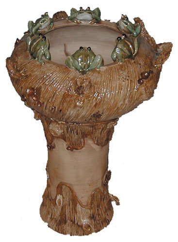 Frogs on tree log ceramic planter with pedestal set - hand sculpted and glazed
