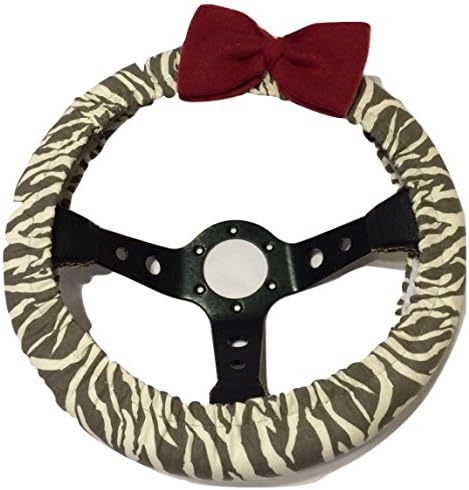 Jazzie creations off white and gray cotton fabric zebra print stretch Steering wheel cover with bow