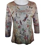 Cactus Fashion Rhinestone Highlighted, Artistically Printed, 3/4 Sleeve, Beige Colored Cotton Womens Fashion Top  Dragonflies