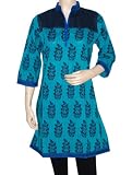 Trendy Valentine Gift Women Party Wear Dress Rajrang Straight Neck Line Boho Bollywood Pins Tucks Block Print Blue Color Kurti/ Tunic/ Top India
