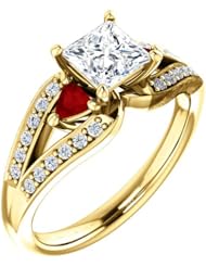 14K Yellow Gold Princess Cut Diamond and Ruby Ring -- LIFETIME WARRANTY
