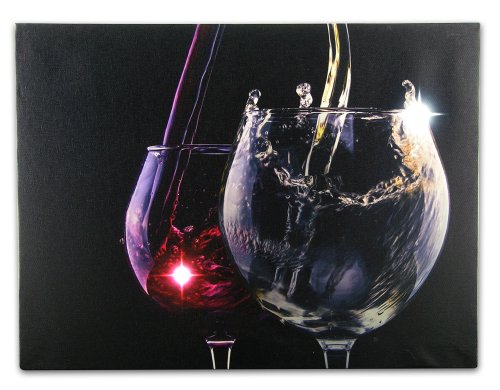 BANBERRY DESIGNS Lighted Canvas Print - 2 Wine Glasses - Red and White Being Poured - Home Décor Wall Art - 16" x 12"
