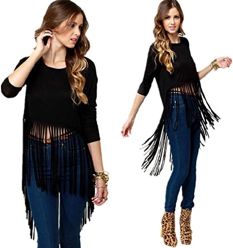 Women Ladies 3/4 Sleeve Tassel Fringe Hem Cropped Sexy Top Vest T Shirt Dress (M)