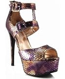 Anne Michelle Vivica-10 Snake Print Ankle Strap Platform Sandal TAN