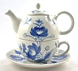 Fine Porcelain China Tea for One Set - Adam's Rose Blue - Infuser Teapot