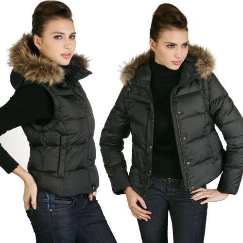 Jessie G. Women's Vest Convertible Down Jacket with Raccoon Fur Trim - Black XL