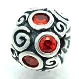 .925 Sterling Silver " Swirls Bead w/ Garnet Red Cubic Zirconia " Bead Compatible with Pandora Chamilia Kay Troll Bracelet
