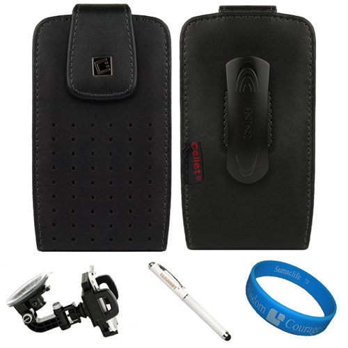 Teramo Edition Black Executive Leather Holster Case for Verizon Wireless 4G LTE Motorola Droid 4 XT894 Android Smartphone + White Executive Laser Stylus Pen + Cell Phone Car Windshield Mount + SumacLife TM Wisdom*Courage Wristband