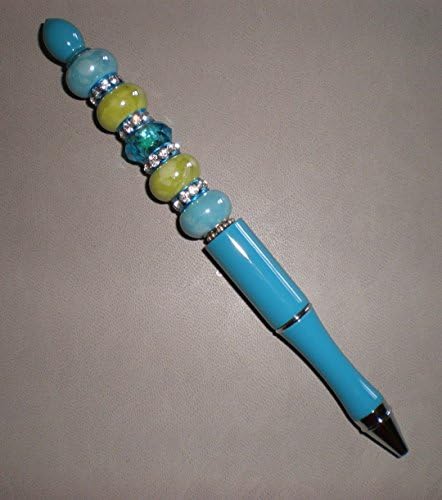 Hand Beaded Turquoise Ballpoint Pen with Rhinestones and Glass Beads