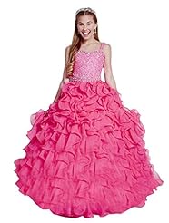 Girls Organza Sheer Crystals Lace-Up Beaded Crystal  Short Sleeves   Ball Gown Pageant Dress/Party Dress  With Ruffles