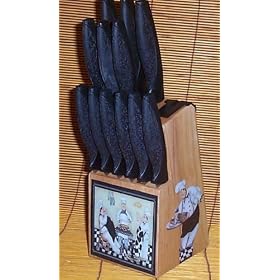 Fat Chef Wood Knife Set & Block Bistro Kitchen Decor Blk