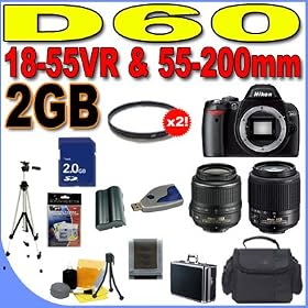 Nikon D60 (25436) 10.2MP Digital SLR Camera with Nikon 18-55mm f/3.5-5.6G VR AF-S DX Zoom-Nikkor Lens and 55-200mm f/4-5.6G ED AF-S DX Zoom-Nikkor Lens BigVALUEInc Accessory Saver 2GB Battery/Rapid Charger Professional Bundle + MORE
