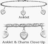 10 Karat White Gold 10 Flat Gucci Style 3 White Stone Heart Charm Anklet