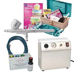 BASIC AIRBRUSH CAKE DECORATING KIT WITH 50 PIECE TOOL AND CADDY DECORATING SET, AIRBRUSH COMPRESSOR, AIR HOSE, G22 AIRBRUSH, AND AMERIMIST AIRBRUSH CAKE PAINT