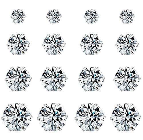 Areke Women's Stainless Steel Round Cubic Zirconia Rhinestone Stud Earring Hypoallergenic (8 Pairs) Color White