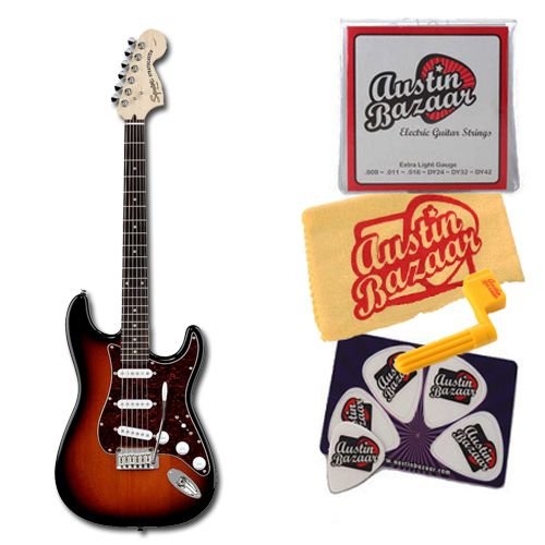Squier by Fender Standard Stratocaster Bundle with Strings, String Winder, Pick Card, and Polishing Cloth - Antique Burst, Maple Fretboard