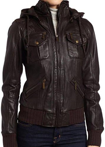 The Leather Factory Women's Lambskin Detachable Hoodie Leather Bomber Jacket