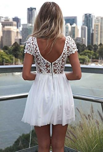 EVELA™ Women's Short Celeb Backless Pleated Lace Cocktail Dress White L
