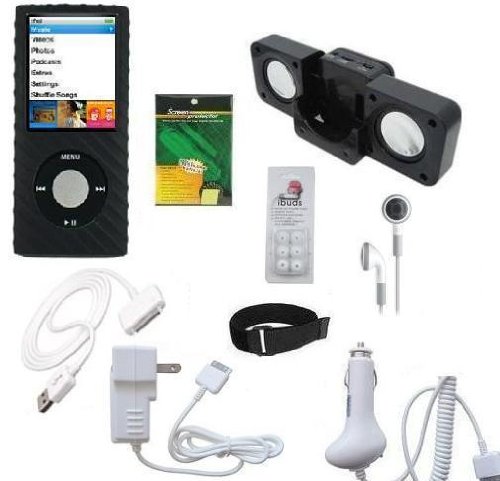 9 Items Premium Accessory Combo Apple Ipod Nano Chromatic 4th Generation 8gb, 16gb Series: Black Silicone Skin Case Cover, USB 2in1 Data Sync Cable, Car Charger, Wall / Travel / AC Adapter Charger, 3.5mm Stereo Headset, Armband, Black Portable Foldable Sp
