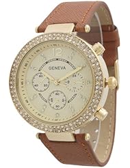 Womens Geneva Dual Stone Leather Watch - Light Brown