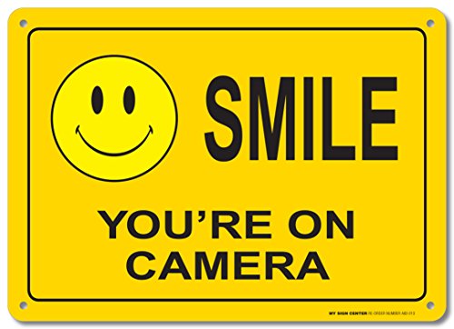 My Sign Center CCTV security video surveillance warning sign, Legend “SMILE YOU’RE ON CAMERA sign, 10″x 14″ – Aluminum
