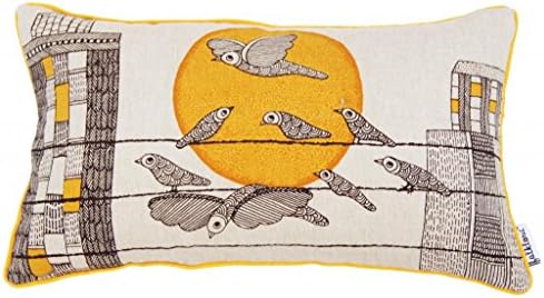 Folkloric Beige Cotton Bird on a Wire Cityscape Decorative Pillow, Cushion Cover, 12x20 inches