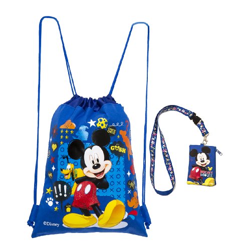 Disney Mickey Mouse Blue Drawstring Backpack and Mickey Lanyard 2 Pack