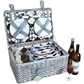 4 PERSON WILLOW WICKER PICNIC BASKET HAMPER SET - CHECKERED LINING