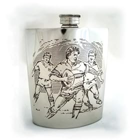 Pewter drinks flask with rugby scene - 4oz