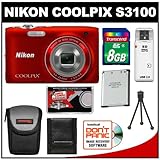 Nikon Coolpix S3100 14.0 MP Digital Camera (Red) with 8GB Card + Battery +  ....