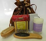 Spa,Bath & Beauty Set-Adorable Travel Set,Re-useable Satin Silky Fabric Bag w/Beautiful Flora Emboridery. Pamper You Heart ,Contains:Aromatherapy Candle(2x3),Herbal Soap(4oz),nail Brush,Anti-Static Hair Brush,Pumice Stone & Lipstick Case.