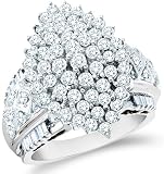 10k White and Yellow Two 2 Tone Gold Large Marquise Shape Cluster Round Cut & Baguette Diamond Engagement Ring 23mm (2.02 cttw)