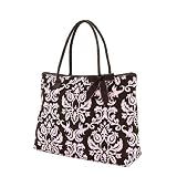 Large Quilted Damask Print Tote Bag - Pink/Brown