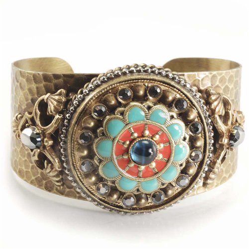Sweet Romance Adjustable Turquoise Enamel Rosette Cuff Bracelet
