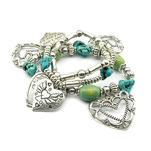 Buy Natural Turquoise Stone and Silver Heart Charm Multi Strand Stretch Bracelet Fashion Jewelry by PammyJ Bracelet