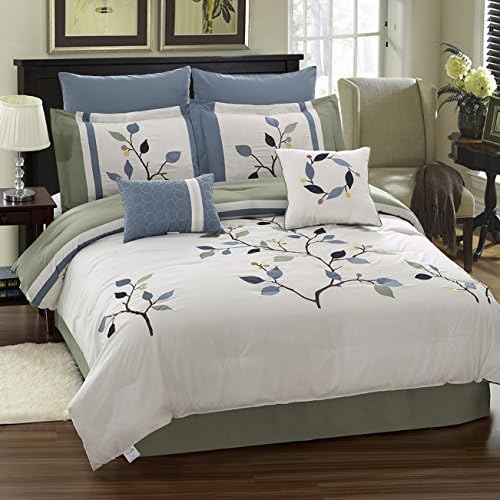 Homehug 8pc Comforter Set Exquisite Embroidery Craft Queen King Size 4 Colors (Queen, White)