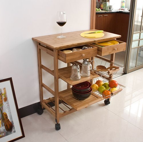 100% bambou naturelle, desserte à roulettes, dressoir, Meuble rangement cuisine roulant, Kitchen Trolley, grand modèle, FKW06