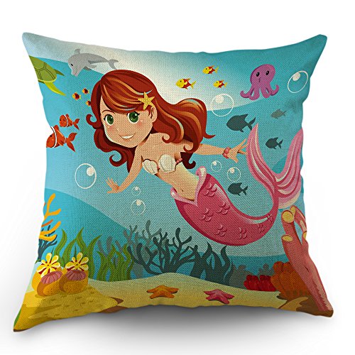 Little Mermaid Throw Pillow Cover Decor Underwater Ocean With Fish Dol
